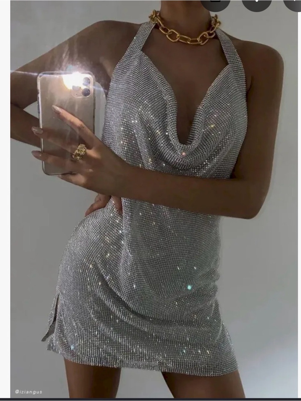Meshki Silver Rhinestone Cowl Halter Mini Dress